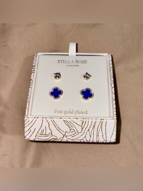 Stella Rose London Blue Clover Crystal Stud Earrings 2-Pair Set NIB